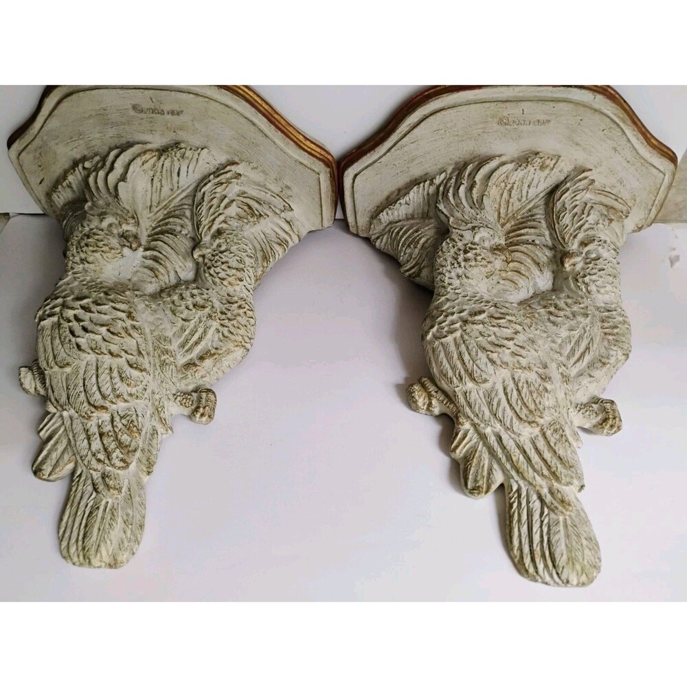 Vtg 2003 APF Resin Bird Bookends Pair Hollywood Regency Distressed White Gold Gi